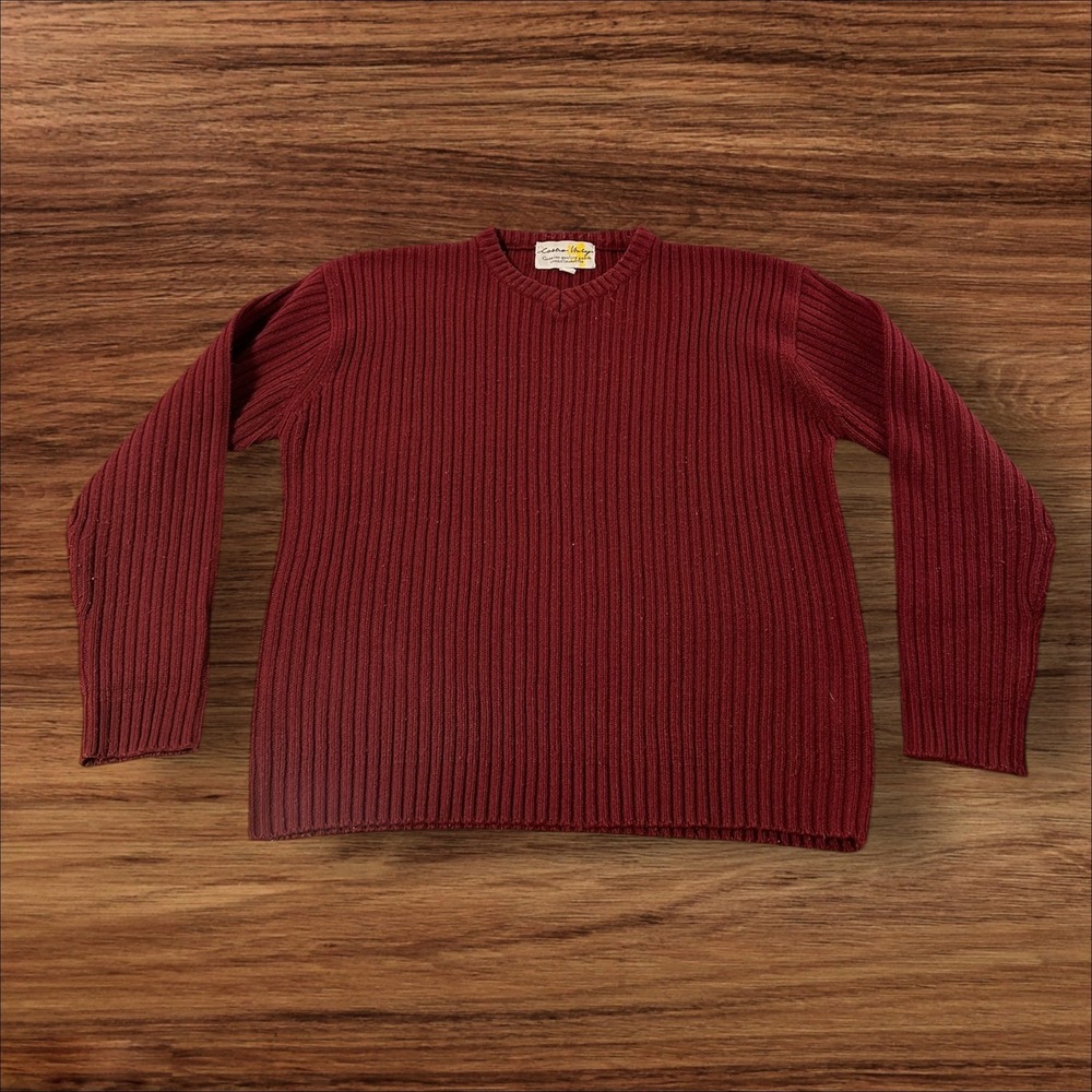 Castro Vintage Mens V Neck Sweater Burgundy‎ Ribbed Knit Acrylic Blend L